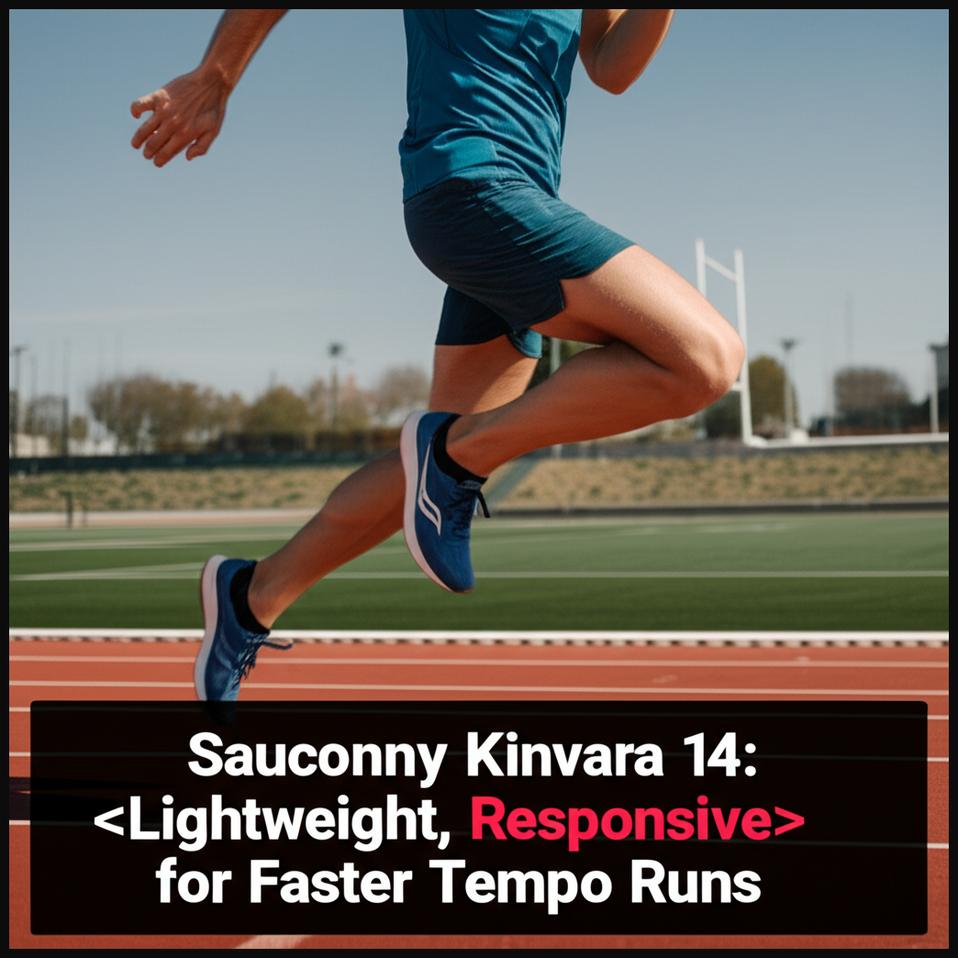 A man performing a tempo run on a track, highlighting the lightweight and responsive design of Saucony Kinvara 14 shoes.