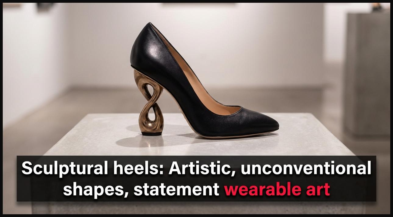 A close-up of a shoe with a unique sculptural heel, showcasing its artistic, unconventional shape and transforming it into a statement piece of wearable art.