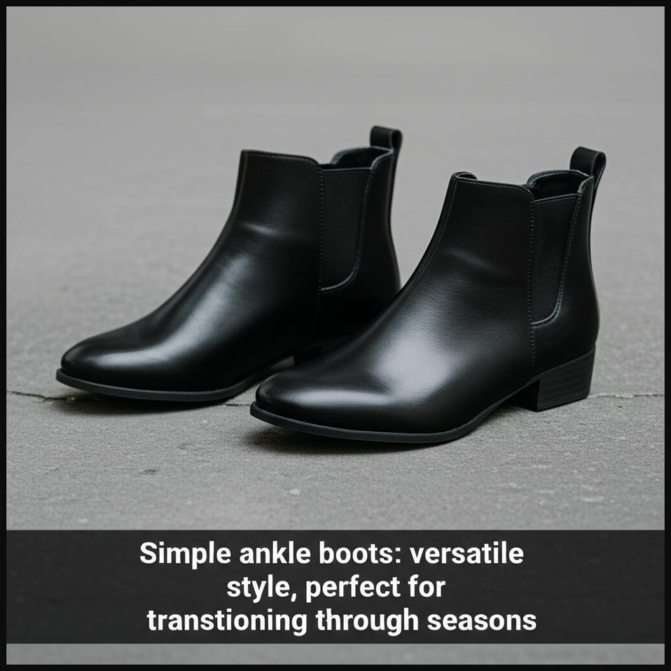 A classic pair of simple black ankle boots with a low heel on a neutral background, suitable for diverse outfits.