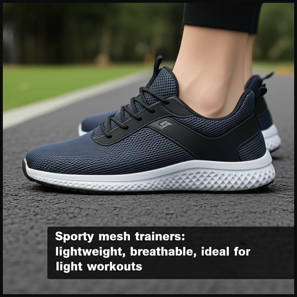 A modern sporty mesh trainer showcasing its breathable material and lightweight design, suitable for light exercise.