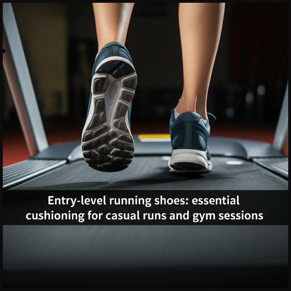 A pair of entry-level sporty running shoes with essential cushioning, placed on a running track.