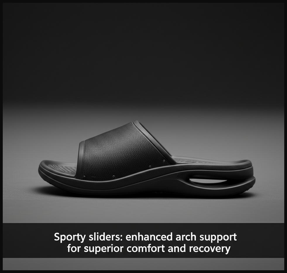 A sporty slider showcasing its contoured footbed and visible arch support for superior comfort and foot health.