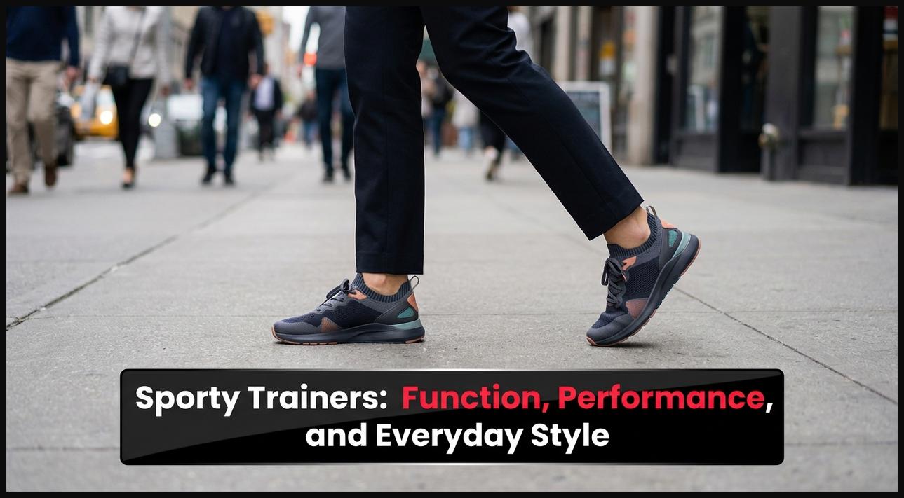 A woman wearing contemporary sporty trainers, showcasing their blend of athletic function and everyday casual style.