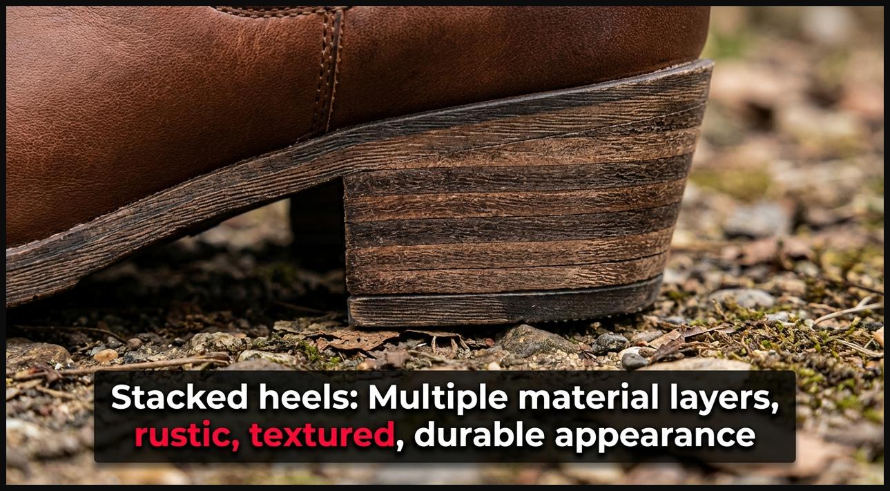 A close-up of an ankle boot with a stacked heel, showcasing its layered construction from multiple materials for a rustic, textured, and durable appearance.