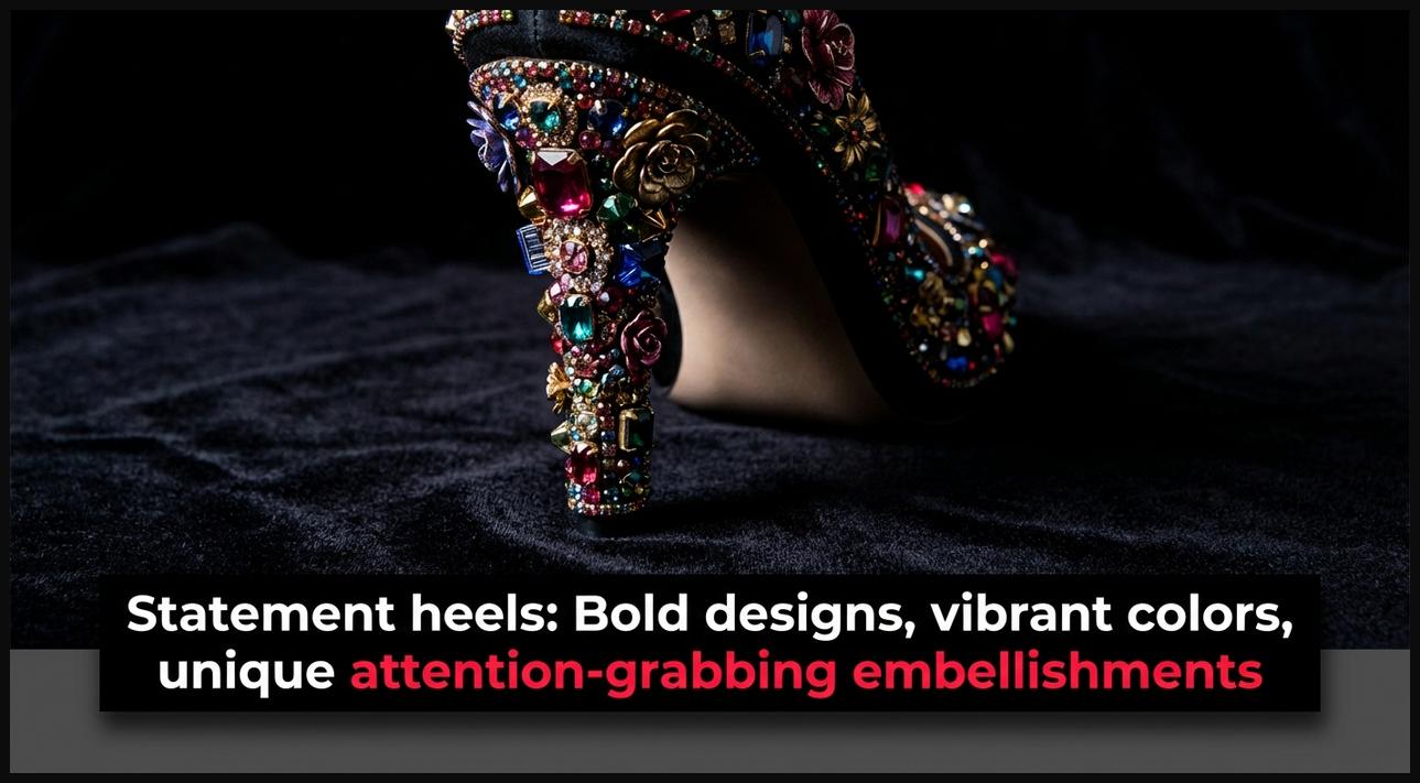 A close-up of a shoe with a dramatic statement heel, featuring bold design, vibrant colors, and unique embellishments that draw attention.