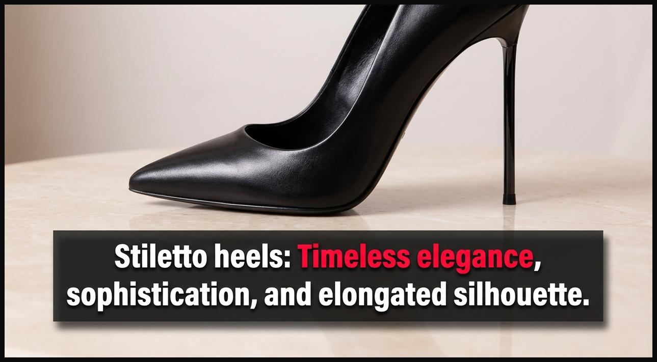 A close-up view of a black stiletto heel shoe on an elegant surface, highlighting its slender and high design, a symbol of timeless elegance.