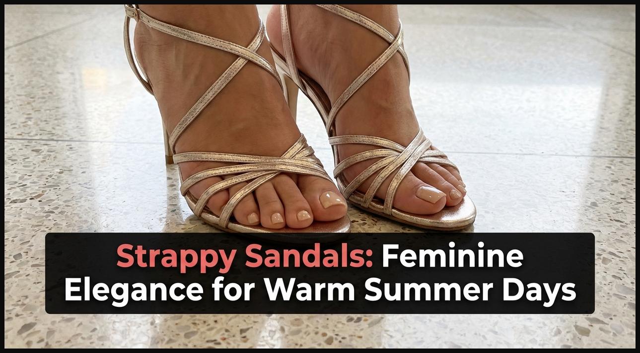 A woman's feet in delicate metallic strappy heeled sandals, highlighting their feminine elegance for warm summer occasions.
