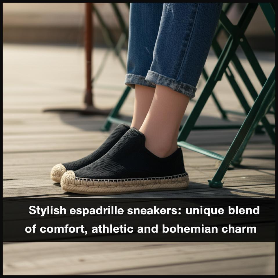 A pair of stylish espadrille sneakers, merging casual sneaker design with a natural jute sole for a bohemian look.