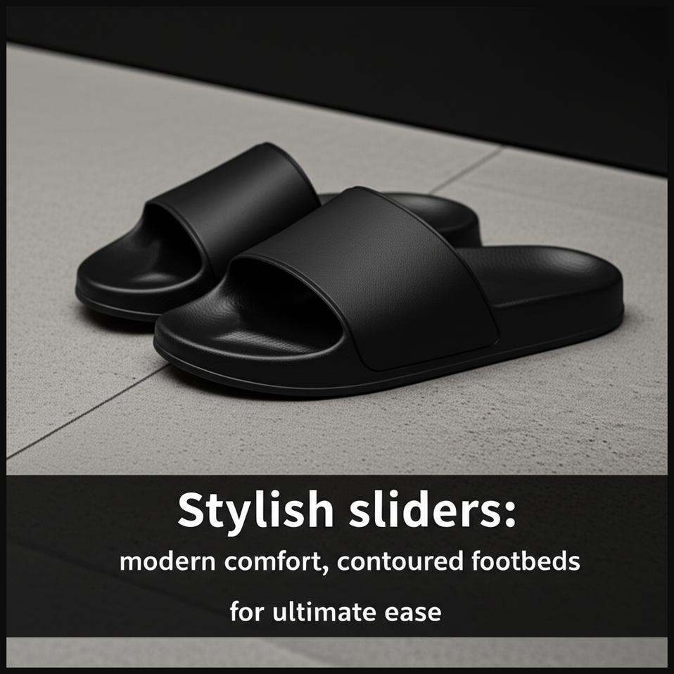 A sleek pair of black stylish sliders on a minimalist grey tiled floor, emphasizing their comfortable design.