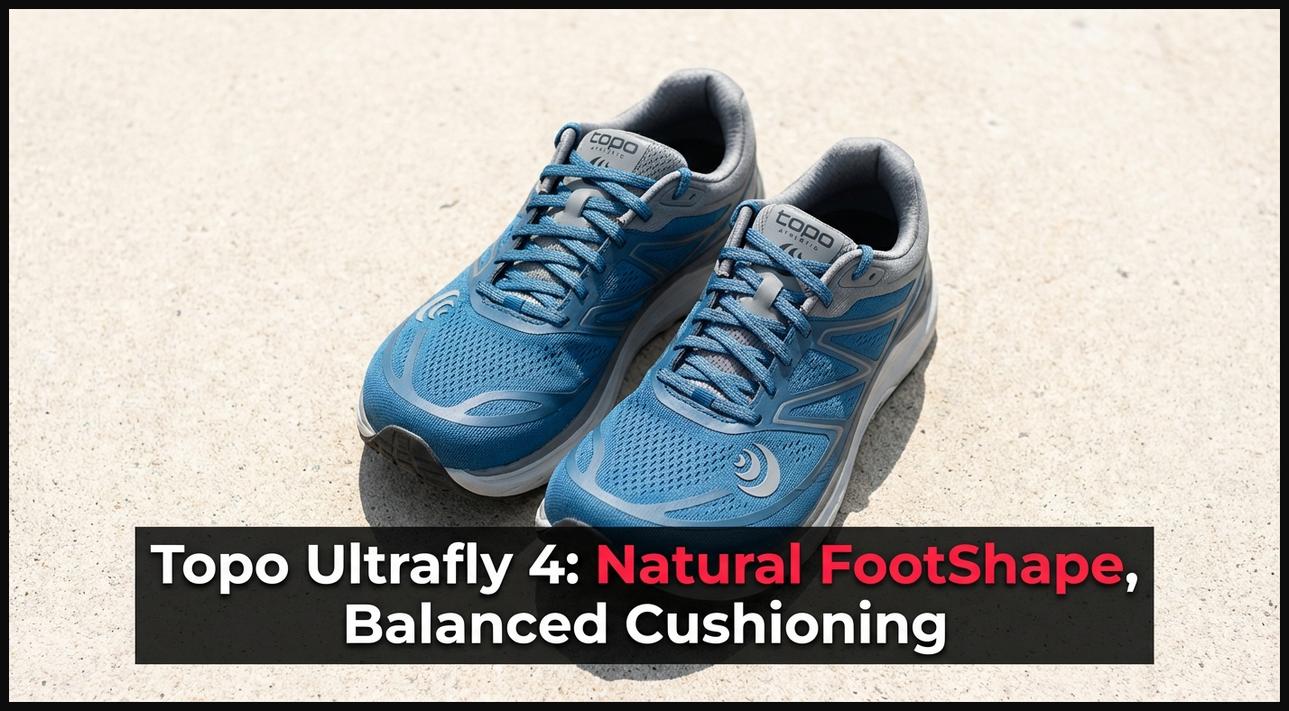 Topo Athletic Ultrafly 4 style walking shoe highlighting its FootShape toe box and balanced cushioning.