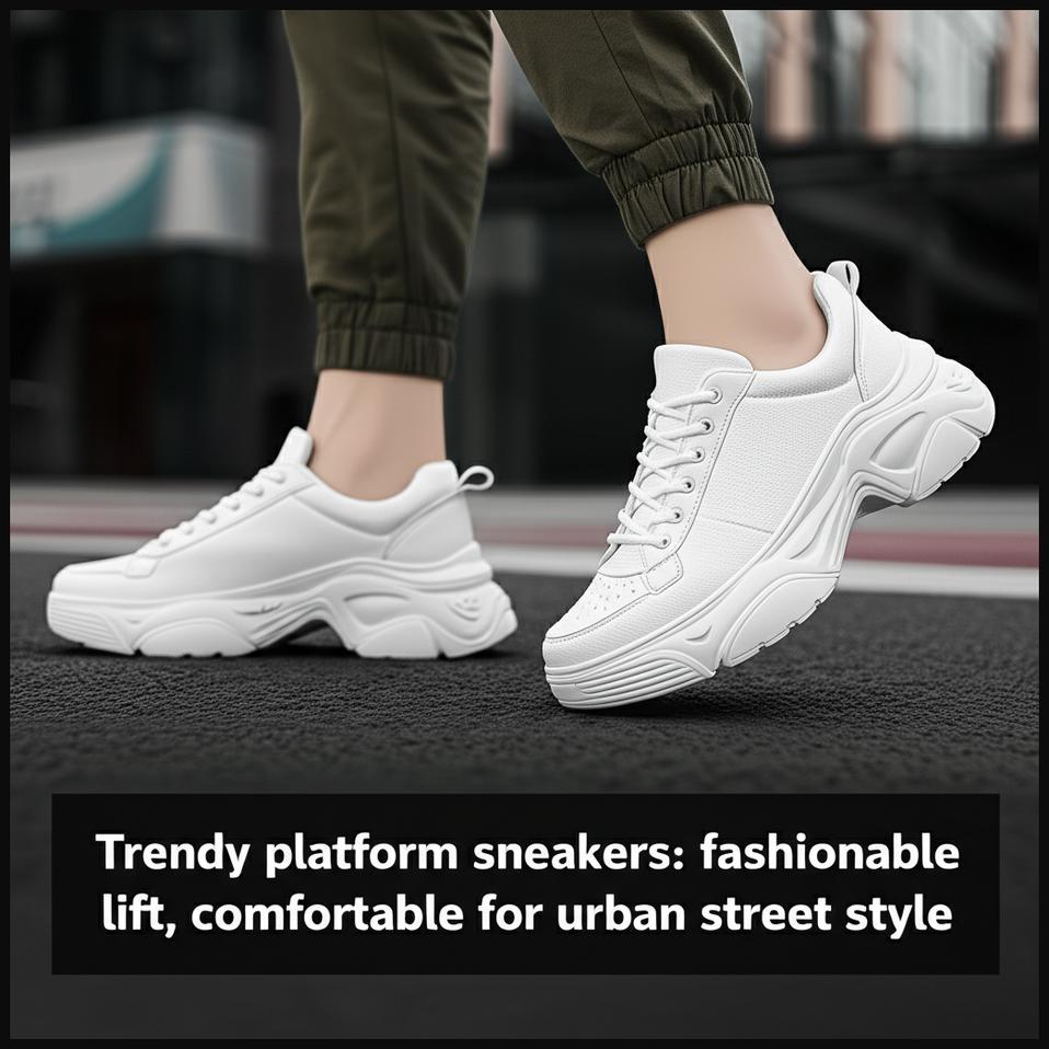 A person wearing trendy white platform sneakers with a thick sole on an urban sidewalk, showcasing modern fashion.