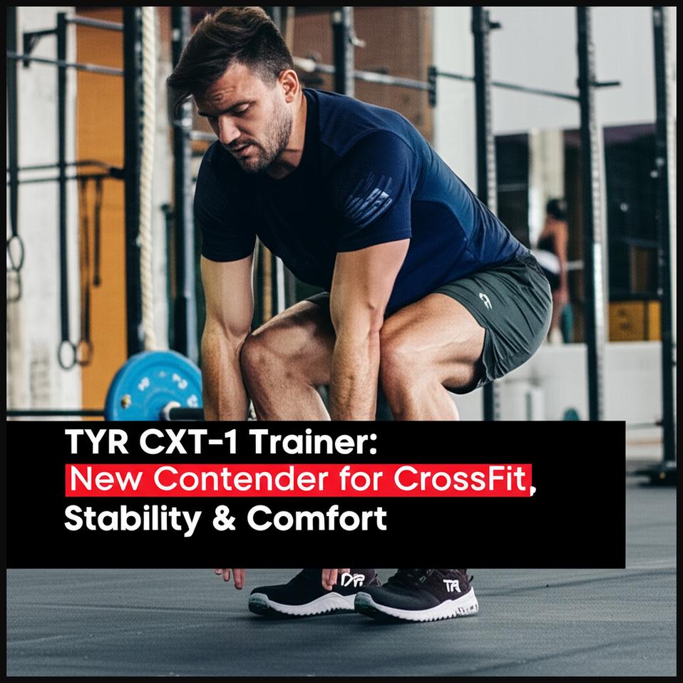 A man performing varied CrossFit exercises, demonstrating the balanced stability and comfort of TYR CXT-1 Trainer shoes.