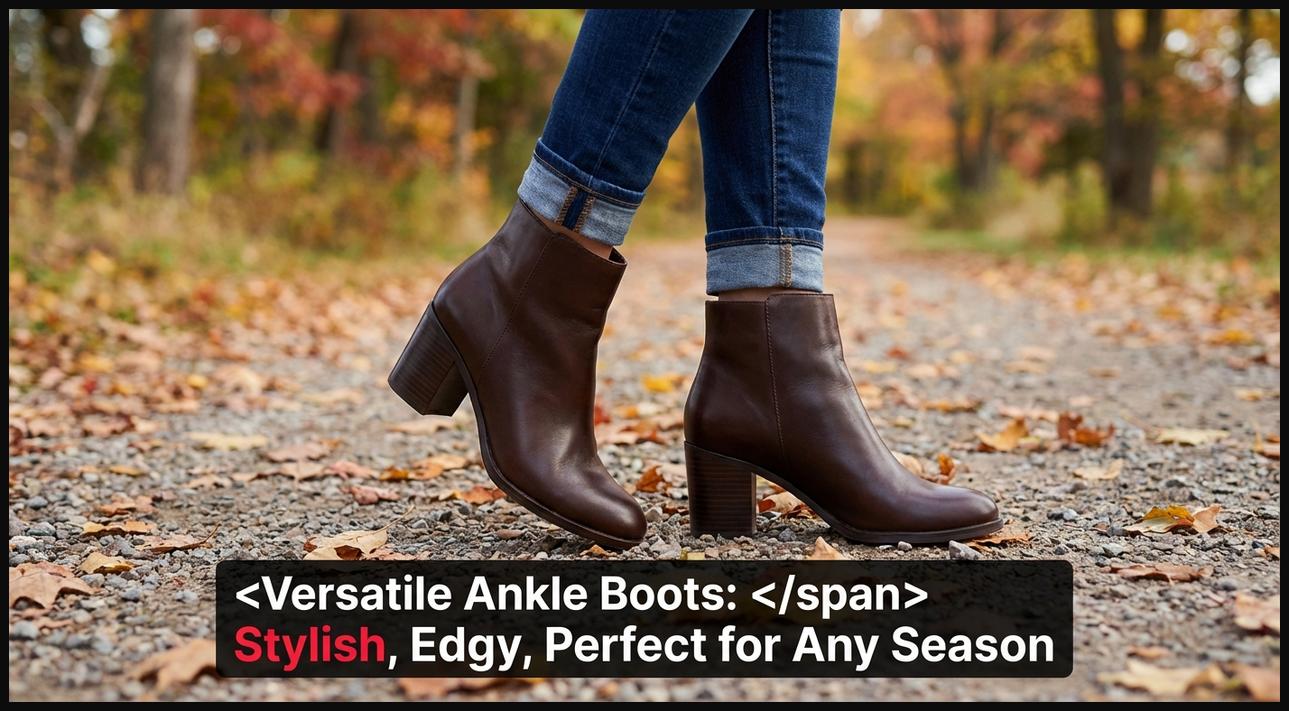 A woman wearing versatile dark brown leather ankle boots with cuffed jeans, suitable for transitioning between seasons.