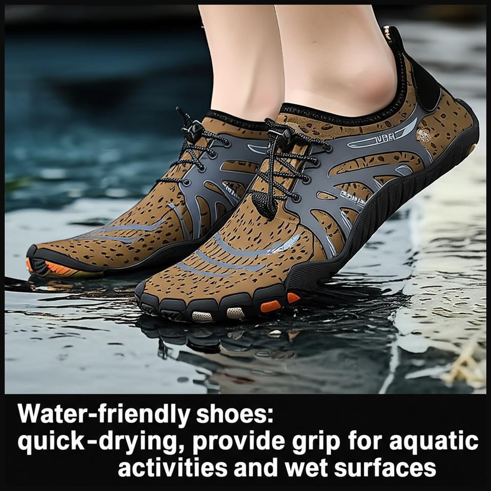 A pair of water-friendly shoes designed for quick drying and providing grip on wet surfaces, ideal for aquatic activities.