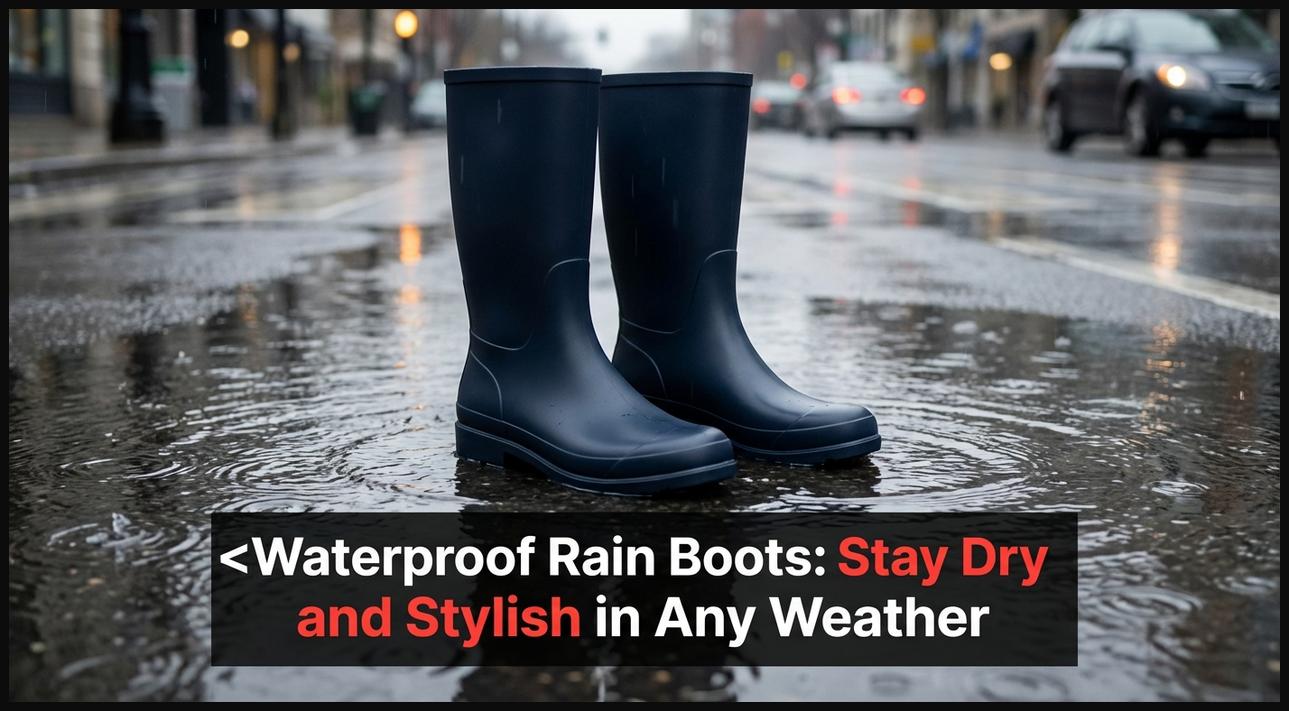 A pair of modern, stylish waterproof rain boots standing in a puddle, demonstrating their practicality for wet weather.