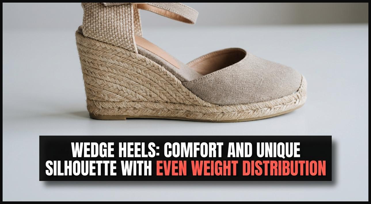 A close-up of a fashionable espadrille wedge heel shoe, illustrating its continuous sole for excellent comfort and even weight distribution.